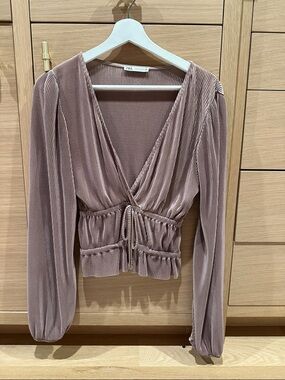 Zara mauve Ribbed V-Neck Drawstring Blouse
